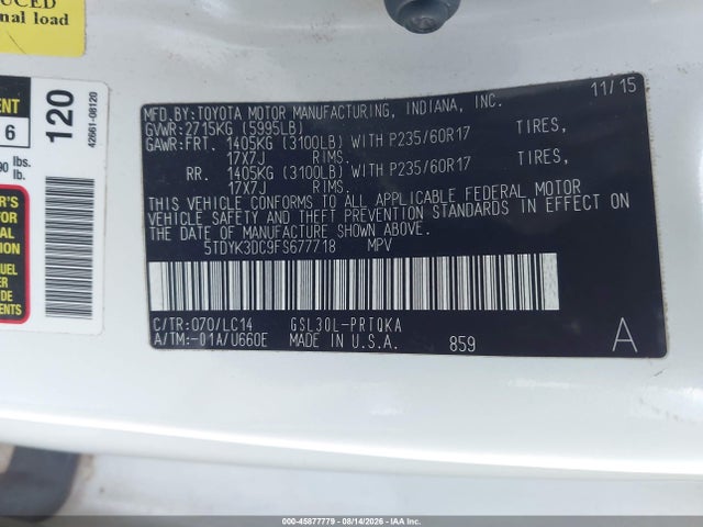 Продаж на аукціоні авто 2015 Toyota Sienna Xle 8 Passenger, vin: 5TDYK3DC9FS677718, номер лоту: 45877779