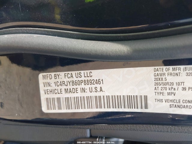 45877794 :رقم المزاد ، 1C4RJYB60P8892461 vin ، 2023 Jeep Grand Cherokee 4xe 30th Anniversary مزاد بيع