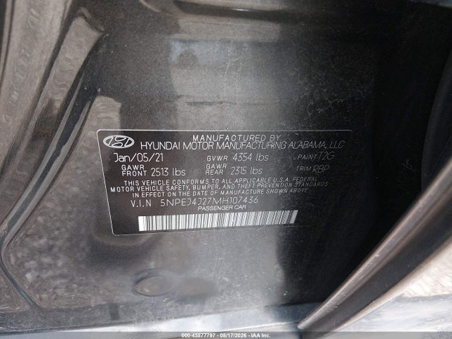 Aukcja sprzedaży 2021 Hyundai Sonata Sel Plus, vin: 5NPEJ4J27MH107436, numer aukcji: 45877797
