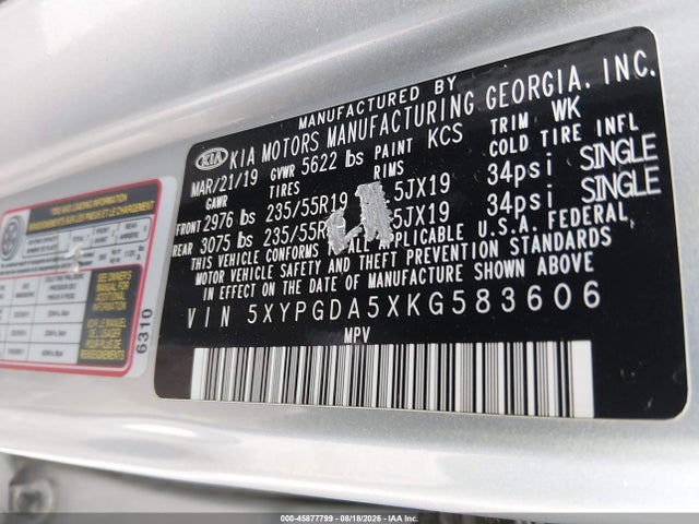 45877799 :رقم المزاد ، 5XYPGDA5XKG583606 vin ، 2019 Kia Sorento 3.3l S مزاد بيع