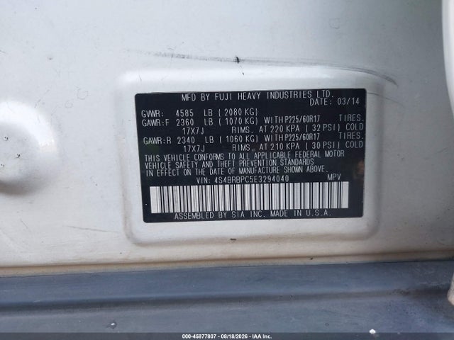 45877807 :رقم المزاد ، 4S4BRBPC5E3294040 vin ، 2014 Subaru Outback 2.5i Limited مزاد بيع