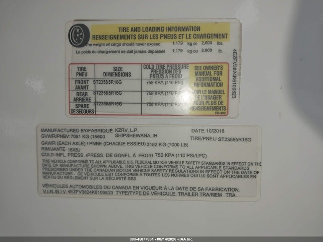Продаж на аукціоні авто 2019 Kz G385flf, vin: 4EZFV3824K6109823, номер лоту: 45877831