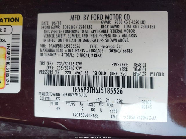 Aukcja sprzedaży 2018 Ford Mustang Ecoboost, vin: 1FA6P8TH6J5185526, numer aukcji: 45877845