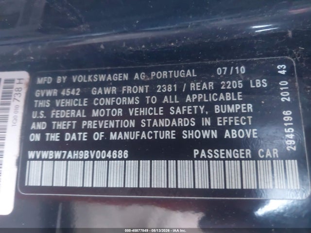 45877849 :رقم المزاد ، WVWBW7AH9BV004686 vin ، 2011 Volkswagen Eos Komfort مزاد بيع