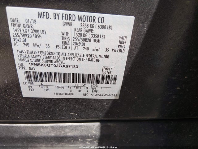 2018 Ford Explorer Sport მანქანა იყიდება აუქციონზე, vin: 1FM5K8GT0JGA67183, აუქციონის ნომერი: 45877867