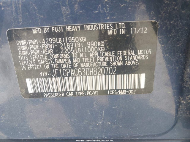 Aukcja sprzedaży 2013 Subaru Impreza 2.0i Premium, vin: JF1GPAC63DH820702, numer aukcji: 45877869
