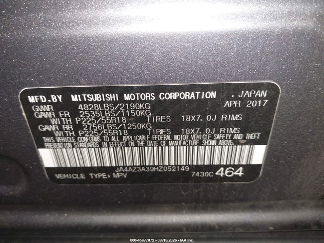 2017 Mitsubishi Outlander Se მანქანა იყიდება აუქციონზე, vin: JA4AZ3A39HZ052149, აუქციონის ნომერი: 45877872