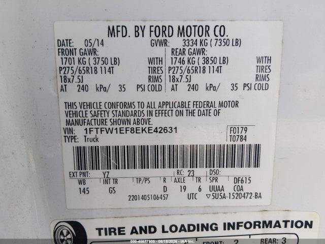 45877905 :رقم المزاد ، 1FTFW1EF8EKE42631 vin ، 2014 Ford F-150 Xlt مزاد بيع