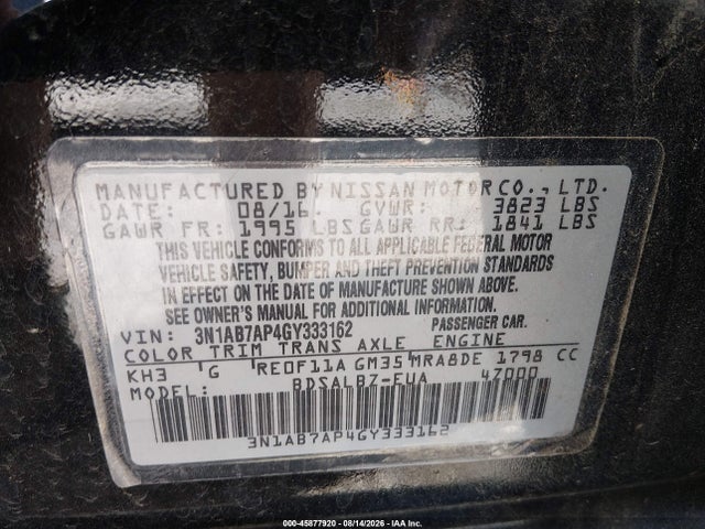 45877920 :رقم المزاد ، 3N1AB7AP4GY333162 vin ، 2016 Nissan Sentra S مزاد بيع