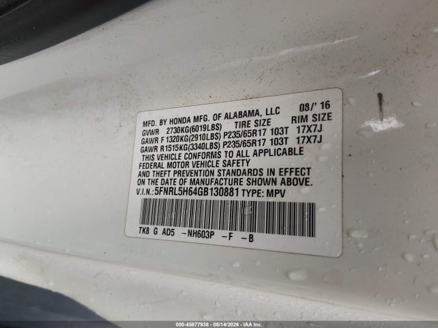 45877938 :رقم المزاد ، 5FNRL5H64GB130881 vin ، 2016 Honda Odyssey Ex-l مزاد بيع