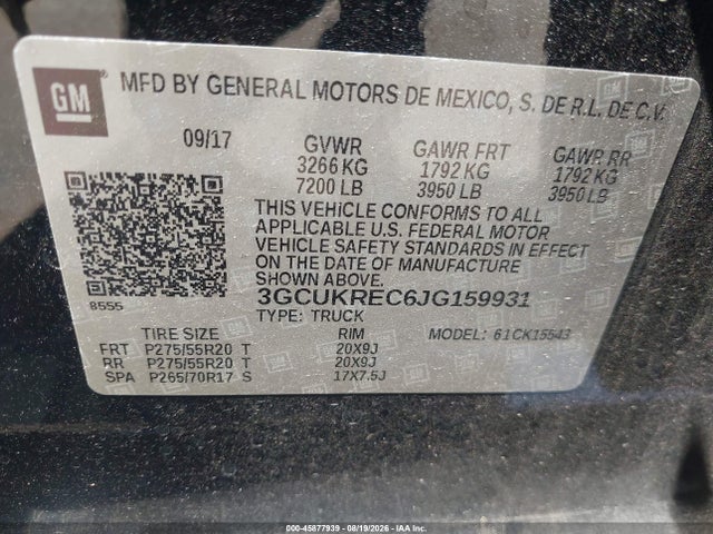 Aukcja sprzedaży 2018 Chevrolet Silverado 1500 1lt, vin: 3GCUKREC6JG159931, numer aukcji: 45877939
