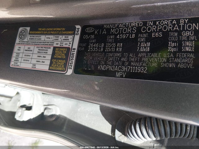 45877940 :رقم المزاد ، KNDPN3AC3H7111932 vin ، 2017 Kia Sportage Ex مزاد بيع
