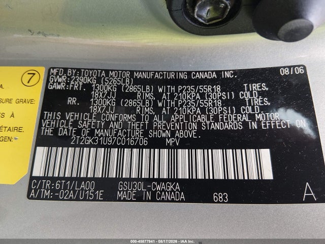 45877941 :رقم المزاد ، 2T2GK31U97C016706 vin ، 2007 Lexus Rx 350 مزاد بيع