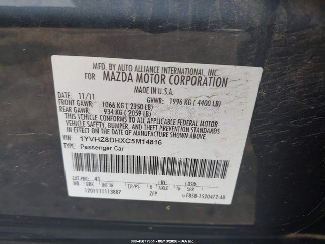 Aukcja sprzedaży 2012 Mazda Mazda6 I Touring, vin: 1YVHZ8DHXC5M14816, numer aukcji: 45877951