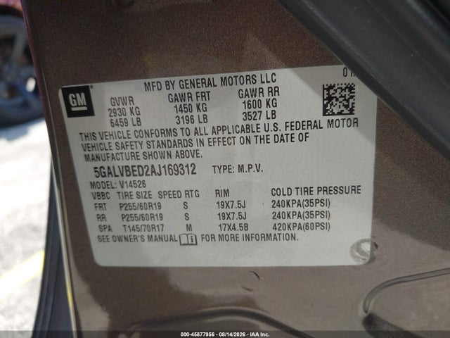 45877956 :رقم المزاد ، 5GALVBED2AJ169312 vin ، 2010 Buick Enclave 1xl مزاد بيع