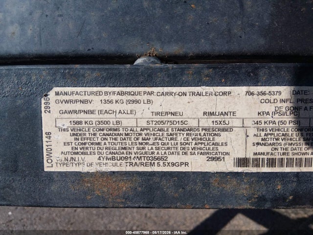 Продажа на аукционе авто 2021 Carry-on Trailer Utility Trailer, vin: 4YMBU0914MT035652, номер лота: 45877968