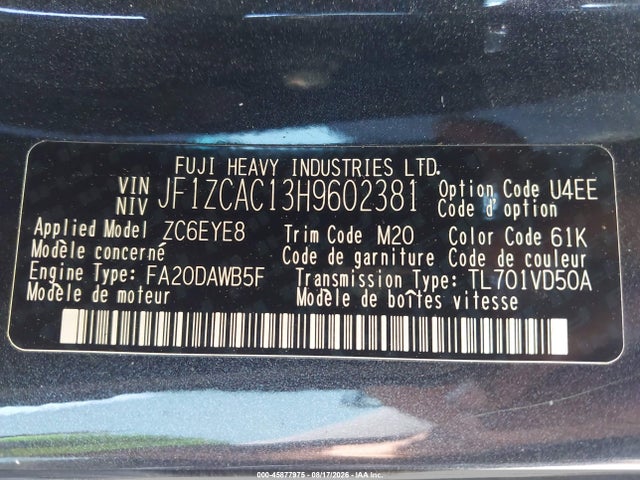 Продажа на аукционе авто 2017 Subaru Brz Limited, vin: JF1ZCAC13H9602381, номер лота: 45877975