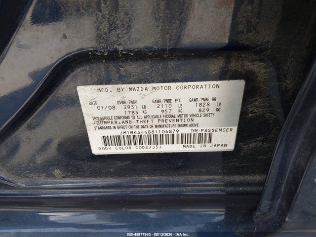 2008 Mazda Mazda3 S Grand Touring მანქანა იყიდება აუქციონზე, vin: JM1BK344881106879, აუქციონის ნომერი: 45877980