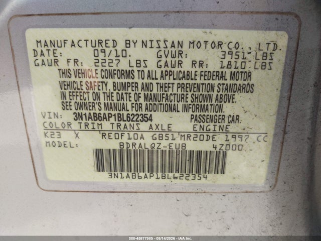 2011 Nissan Sentra 2.0 მანქანა იყიდება აუქციონზე, vin: 3N1AB6AP1BL622354, აუქციონის ნომერი: 45877985
