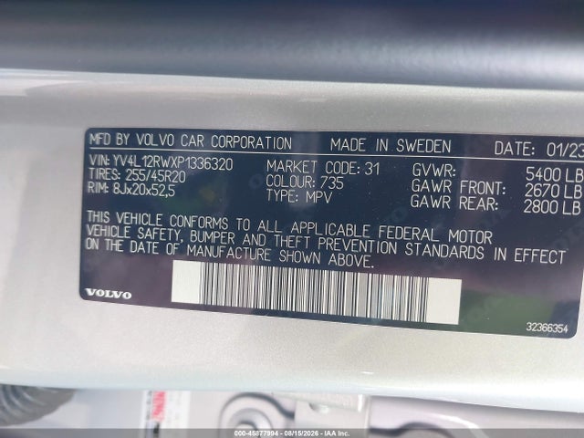 Aukcja sprzedaży 2023 Volvo Xc60 B5 Plus Dark Theme, vin: YV4L12RWXP1336320, numer aukcji: 45877994