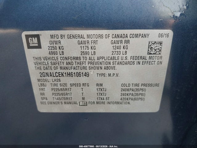 Продаж на аукціоні авто 2017 Chevrolet Equinox Lt, vin: 2GNALCEK1H6106149, номер лоту: 45877995