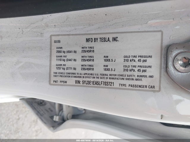 Auction sale of the 2020 Tesla Model 3 Standard Range Plus Rear-wheel Drive/standard Range Rear-wheel Drive, vin: 5YJ3E1EA5LF703721, lot number: 45878006