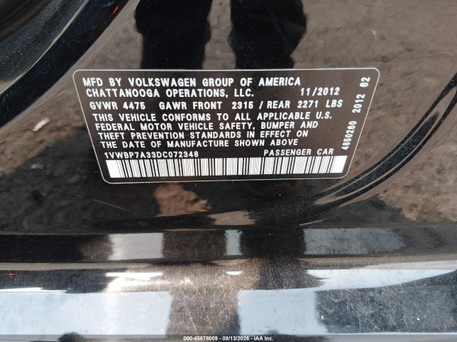 Продажа на аукционе авто 2013 Volkswagen Passat 2.5l Se, vin: 1VWBP7A33DC072348, номер лота: 45878009