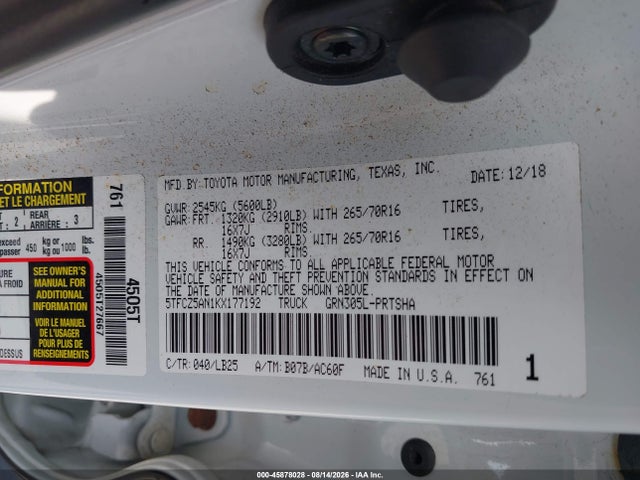 2019 Toyota Tacoma Trd Pro მანქანა იყიდება აუქციონზე, vin: 5TFCZ5AN1KX177192, აუქციონის ნომერი: 45878028