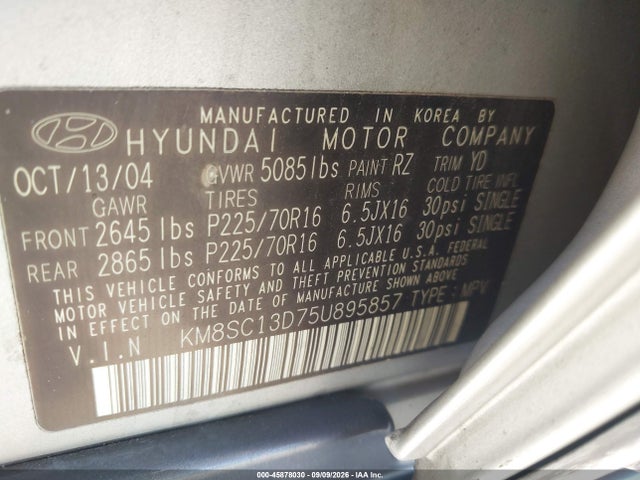 Продаж на аукціоні авто 2005 Hyundai Santa Fe Gls, vin: KM8SC13D75U895857, номер лоту: 45878030