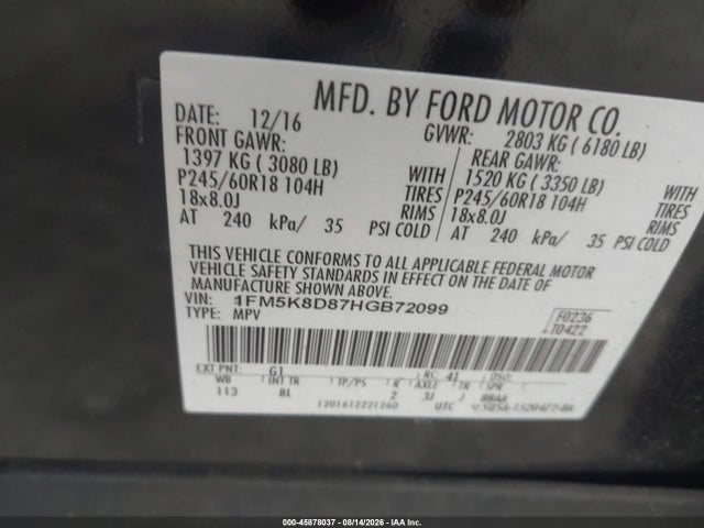 Продажа на аукционе авто 2017 Ford Explorer Xlt, vin: 1FM5K8D87HGB72099, номер лота: 45878037