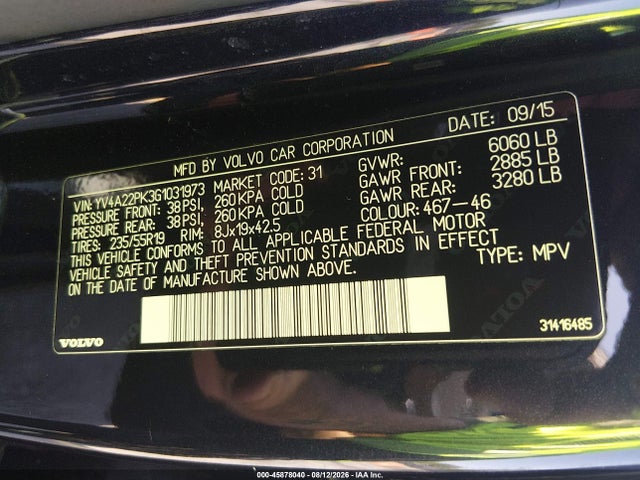 Auction sale of the 2016 Volvo Xc90 T6 Momentum, vin: YV4A22PK3G1031973, lot number: 45878040