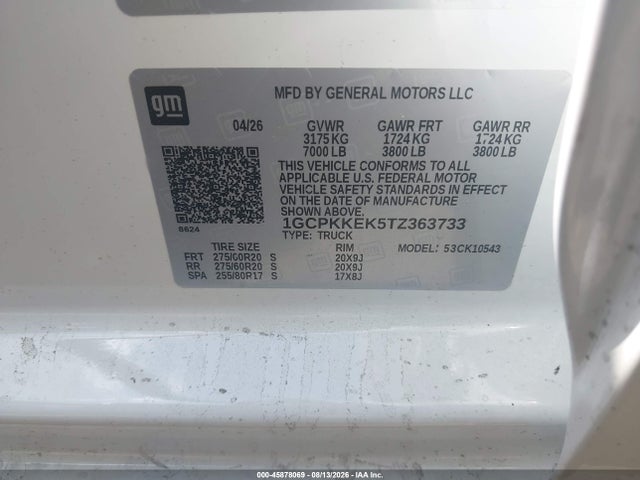 45878069 :رقم المزاد ، 1GCPKKEK5TZ363733 vin ، 2026 Chevrolet Silverado 1500 4wd  Short Bed Lt With 2fl مزاد بيع
