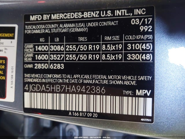 45878093 :رقم المزاد ، 4JGDA5HB7HA942386 vin ، 2017 Mercedes-benz Gle 350 4matic مزاد بيع