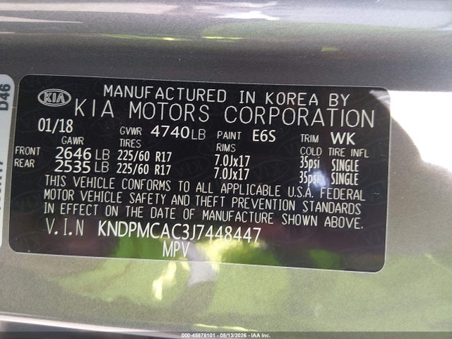 Продажа на аукционе авто 2018 Kia Sportage Lx, vin: KNDPMCAC3J7448447, номер лота: 45878101