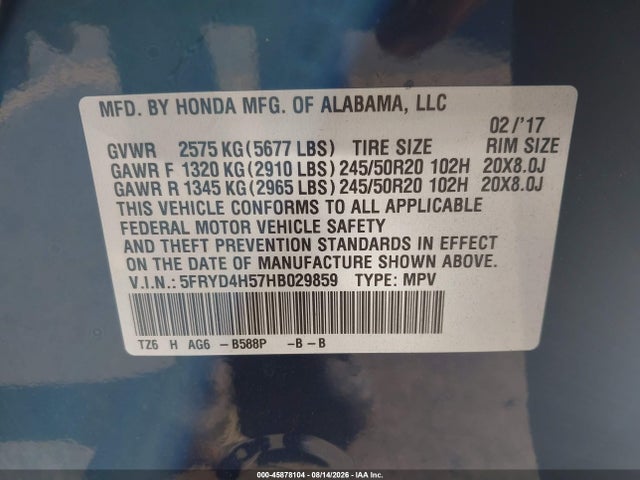 45878104 :رقم المزاد ، 5FRYD4H57HB029859 vin ، 2017 Acura Mdx Technology Package مزاد بيع