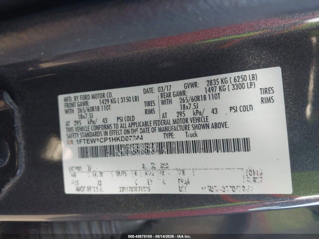 45878105 :رقم المزاد ، 1FTEW1CP1HKD07244 vin ، 2017 Ford F-150 Xlt مزاد بيع