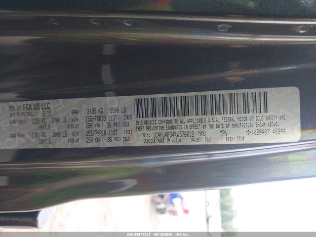 45878107 :رقم المزاد ، 1C4HJXEG4KW576012 vin ، 2019 Jeep Wrangler Unlimited Sahara 4x4 مزاد بيع