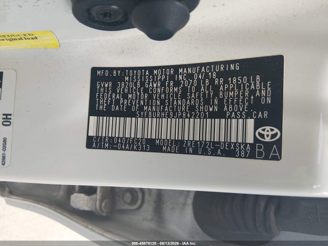 45878120 :رقم المزاد ، 5YFBURHE9JP842201 vin ، 2018 Toyota Corolla Se مزاد بيع