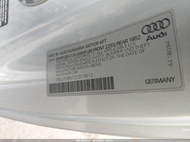 45878121 :رقم المزاد ، TRUUT28N721013612 vin ، 2002 Audi Tt 1.8l مزاد بيع