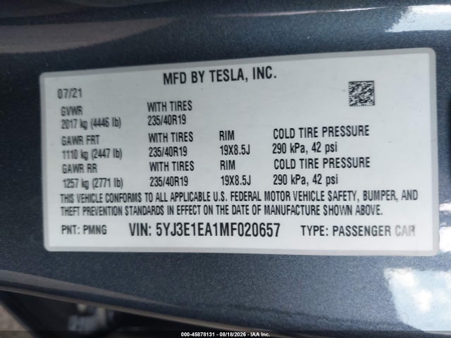Tesla Model 3 Standard Range Plus Rear-wheel Drive 2021 5YJ3E1EA1MF020657 Image 9