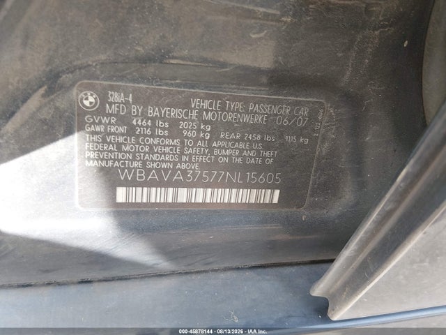 Продажа на аукционе авто 2007 Bmw 328i, vin: WBAVA37577NL15605, номер лота: 45878144