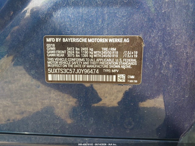 Продаж на аукціоні авто 2018 Bmw X3 M40i, vin: 5UXTS3C57J0Y96474, номер лоту: 45878152
