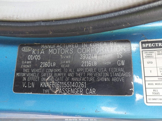 Продажа на аукционе авто 2005 Kia Spectra5, vin: KNAFE161155140261, номер лота: 45878155