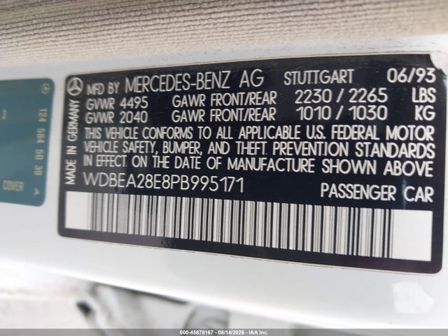 Aukcja sprzedaży 1993 Mercedes-benz 300 E 2.8, vin: WDBEA28E8PB995171, numer aukcji: 45878167