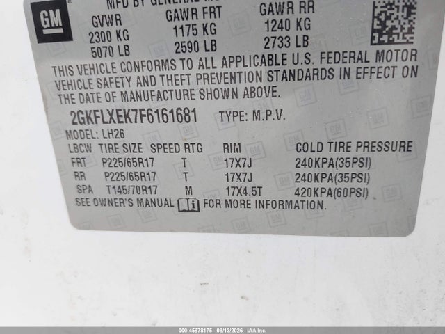 Aukcja sprzedaży 2015 Gmc Terrain Slt-1, vin: 2GKFLXEK7F6161681, numer aukcji: 45878175