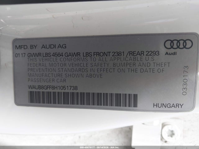 2017 Audi A3 Premium მანქანა იყიდება აუქციონზე, vin: WAUB8GFF8H1051738, აუქციონის ნომერი: 45878177