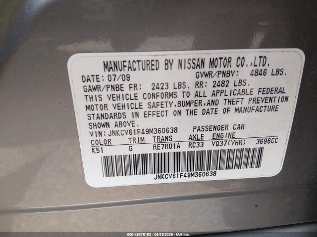 2009 Infiniti G37x მანქანა იყიდება აუქციონზე, vin: JNKCV61F49M360638, აუქციონის ნომერი: 45878182