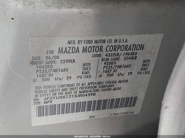 45878183 :رقم المزاد ، 4F2YU06131KM04598 vin ، 2001 Mazda Tribute Dx مزاد بيع