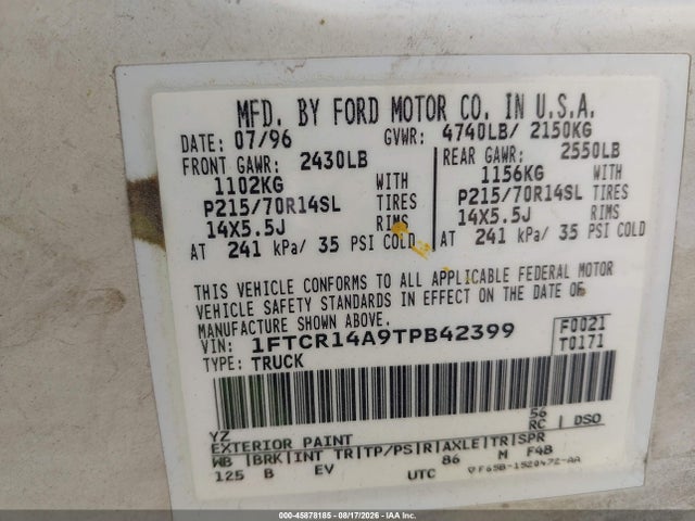45878185 :رقم المزاد ، 1FTCR14A9TPB42399 vin ، 1996 Ford Ranger Super Cab مزاد بيع