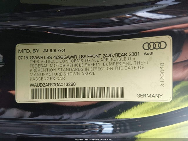 Aukcja sprzedaży 2016 Audi A5 2.0t Premium, vin: WAUD2AFR0GA013288, numer aukcji: 45878192